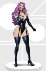 black_leather blanclauz blue_eyes boots choker clothed clothing code_geass cornelia_li_britannia dominatrix fist gloves hand_on_neck high_heels huge_breasts large_breasts leather light_skin lipstick long_hair pose purple_hair purple_lipstick straps thick_thighs thigh_high_boots upturned_nose wide_hips