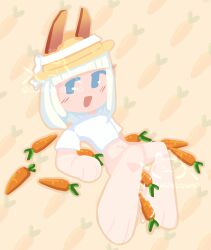 1girls blue_eyes blush carrot chibi cum cum_in_pussy cum_inside dddrwndnswmp embarrassed female horns nude nude_female sky_children_of_the_light small_breasts smiling white_hair