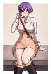 artist_signature bernadetta_von_varley bob_cut embiebun fire_emblem fire_emblem:_three_houses hips kneehighs light-skinned_female light_skin post-timeskip purple_eyes purple_hair short_skirt sitting thick_thighs thighs