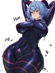 arms_up ganyu_(genshin_impact) genshin_impact hoyoverse provocative provocative_clothing provocative_outfit rpgdraws sana!rpg thight_clothing womb_tattoo
