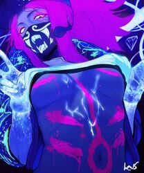 1girls after_sex akali alternate_breast_size alternate_costume artist_name blacklight bodypaint breasts choker cum cum_on_body face_mask female female_only glowing hews_hack k/da_akali k/da_series league_of_legends looking_down looking_down_at_viewer mask medium_breasts navel neon peace_sign purple_hair solo underboob yellow_eyes