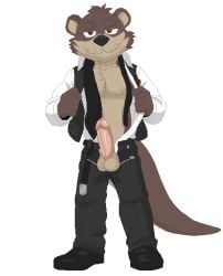alpha_channel anthro balls belt benson_(password) bodily_fluids chest_tuft clothed clothing digital_media_(artwork) erection footwear genital_fluids genitals hi_res humanoid leaking_precum male mammal mustelid myuger necktie nipples nude open_belt orange_eyes otter outline partially_clothed password_(visual_novel) pecs penis pixel_(artwork) precum shoes simple_background solo suit tail tan_body transparent_background tuft undressing white_outline