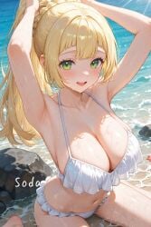 1girls ai_generated big_breasts bikini blonde_hair breasts female female_only green_eyes hand_in_hair lillie_(pokemon) pokemon pokemon_sm swimsuit