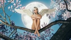 angel_wings final_fantasy_vii moon nude nude_female red_eyes silver_hair simple_background tifa_lockhart white_hair