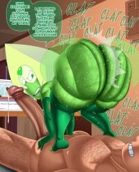 1boy 1girls ass ass_clapping balls big_ass big_penis body_hair bottom_heavy bubble_butt clapping_cheeks dat_ass dialogue doompypomp fat_ass female gem_(species) green_skin huge_ass human large_ass male massive_ass nude nude_female nude_male penis peridot_(steven_universe) rippling_ass shortstack smile steven_universe sweat sweatdrop sweaty_ass sweaty_body text thick_ass thick_thighs twerking visor wide_hips