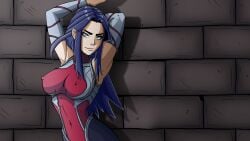 armpits arms_behind_head arms_up blue_eyes blue_hair bodysuit bound breasts cg couch covered_navel covered_nipples detached_sleeves female irelia_xan large_breasts league_of_legends long_hair looking_at_viewer lust_in_runeterra official_art parody pointy_ears restrained skin_tight smile solo torn_clothes wall