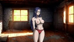arms_behind_back blue_eyes blue_hair breasts cg collarbone female frown indoors irelia_xan large_breasts league_of_legends long_hair looking_at_viewer lust_in_runeterra medium_breasts navel nipples official_art panties parody red_panties solo standing topless underwear underwear_only window
