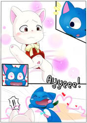 <3_eyes balls blouse blue_fur blush brown_eyes charle chibi clothing clyndemoon dress erection exceed fairy_tail feline female fur happy_(fairy_tail) heart imminent_sex male mammal penis presenting pussy_juice spread_legs spreading straight white_fur