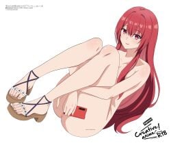absurdres anus bare_shoulders blush breasts censored convenient_censoring danjo_no_yuujou_wa_seiritsu_suru? english_commentary enomoto_kureha female highres holding holding_phone kevcrexx long_hair looking_at_viewer mosaic_censoring nude phone pussy pussy_peek red_eyes red_hair sandals simple_background smile solo white_background