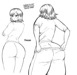 bare_ass curvy english_text female from_behind initial_d kyoko_iwase large_ass line_art looking_back medium_hair monochrome provocative_pose pulling_down_pants t-shirt text tight_clothes without_pants