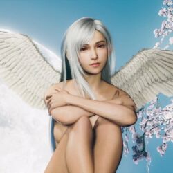 angel_wings final_fantasy_vii nude nude_female red_eyes silver_hair tifa_lockhart white_hair