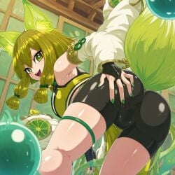 1girls ai_generated anal anus_peek ass ass_focus ass_grab ass_up asshole back_view bell_collar bending_over bent_over bike_shorts breasts crop_top female female_focus female_only fluffy_tail fox fox_ears fox_girl fox_tail green_clothing green_eyes green_hair green_tail hu-li_the_jewel_mikanko large_breasts looking_back open_mouth pussy seductive seductive_look short_hair showing_ass solo solo_female solo_focus spread_pussy spread_pussy_under_clothes standing thick thick_thighs thighhighs thighs yu-gi-oh!