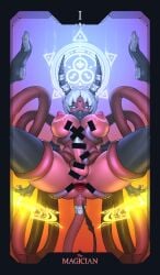 anus bar_censor black_thighhighs blue_eyes breasts censored colored_skin demon demon_girl demon_horns erection futa_without_pussy futanari highres horns large_breasts magic_circle nipples original red_skin restrained spread_anus tail tail_ornament tail_ring tailbox tarot tentacle the_magician_(tarot) thighhighs