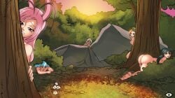 1boy 5girls 6+girls antenna_hair ass barefoot blonde_hair blue_eyes blue_hair blush breasts bunny_(hentai_heroes) cg dark_skin easter_bunny_(hentai_heroes) forest grass green_hair grey_hair hentai_heroes hide_and_seek hiding kimie_(hentai_heroes) kinkoid large_breasts long_hair multiple_girls nature nude official_art outdoors parody peeking_out peeping pink_hair princess_noemy_(hentai_heroes) red_eyes rumiko_(hentai_heroes) samane_(hentai_heroes) short_hair sideboob smile sunset tree voyeurism white_hair