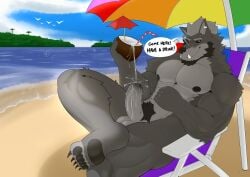 2022 5_toes abs anthro areola balls barazoku beach bedroom_eyes beverage biped black_areola black_nipples black_sclera canid canine canis claws cloud cocktail_garnish cocktail_umbrella coconut day dialogue drinking_straw drupe_(fruit) ear_piercing ear_ring erection feet fingers food foreskin fruit fur genitals grey_body grey_fur hi_res holding_beverage holding_object humanoid_feet humanoid_genitalia humanoid_hands humanoid_penis inviting looking_at_viewer male mammal muscular muscular_anthro muscular_male narrowed_eyes nipples nude_anthro nude_male outside pawpads pecs penis piercing plant plantigrade pubes ring_piercing sea seductive shaded sitting sky smile solo speech_bubble summer talking_to_viewer toe_claws toes tree umbrella vein veiny_penis viktor0r water wet wet_penis white_eyes wolf