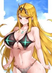 absurd_res alluring alternate_costume big_breasts bikini black_bikini blonde_hair blue_sky border brown_eyes chest_jewel closed_mouth core_crystal_(xenoblade) earrings female gem green_gemstone grey_bikini high_res jewelry long_hair mythra navel nude o-ring o-ring_bikini pillarboxed sky sweat swimsuit tiara upper_body very_long_hair white_border xenoblade_(series) xenoblade_chronicles_2 yotsuha_uni