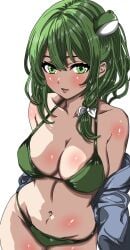 alternate_costume bikini blush bow breasts cleavage collarbone double-parted_bangs female frog_hair_ornament green_bikini green_eyes green_hair hair_intakes hair_ornament hairbow highres higurashi0720 kochiya_sanae large_breasts looking_at_viewer medium_hair navel off-shoulder_jacket off_shoulder open_mouth shiny_skin simple_background single_sidelock solo stomach swimsuit touhou upper_body white_background white_bow