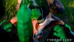 16:9 3d_(artwork) 4k absurd_res anthro big_penis black_body black_fur blender_(artwork) blender_cycles bodily_fluids cum cum_on_face digital_media_(artwork) duo faronfloof faronfloof_(character) fur genital_fluids genitals green_eyes green_hair green_markings green_penis hair hi_res hoodbrailen_(character) looking_at_viewer male male/male markings nature nature_background nose_to_balls orange_body orange_fur penis rexouium snapback_hat vrchat vrchat_model watermark widescreen