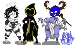 3girls big_areola big_ass big_breasts big_thighs breasts chrysocome clothing dark-skinned_female dusekkar_(forsaken) female forsaken_(roblox) horns pumpkin purple_skin roblox roblox_game robloxian rule_63 skimpy_clothes tagme taph_(forsaken) thick_thighs thighs timid two_time white_skin