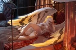 accipitrid accipitriform anthro avian beak bed bird bodily_fluids breasts cum cum_in_vagina cum_inside cum_on_belly cum_on_body cum_on_vulva detailed_background digital_media_(artwork) eagle feathered_wings feathers feet female free-opium furniture genital_fluids genitals hi_res interior_background looking_at_viewer lying lying_on_bed nipples nude on_bed on_side presenting pussy smile solo spread_legs spreading tail vulva wings