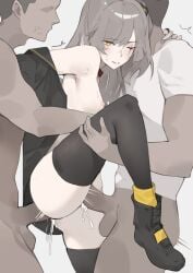 1girls 2boys anal_sex anger_vein bare_shoulders black_legwear black_stockings blush boots cum cum_drip cum_in_ass cum_in_pussy cum_inside cum_leaking emotionless eyelashes female flat_chest girls'_frontline grey_hair hand_around_neck hand_on_leg highres hugging legwear light-skinned_female long_hair looking_at_viewer mmf_threesome nipples nose off_shoulder one_eye_closed one_leg_bent one_leg_raised oritec parted_lips partially_clothed penis scar scar_across_eye small_breasts standing standing_sex stockings sweat tagme threesome ump45_(girls'_frontline) uncensored unprotected_sex vaginal_penetration vaginal_sex yellow_eyes