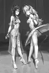 2girls a_tea ass ballerina bound bound_wrists female ines_(arknights) monochrome tail w_(arknights)