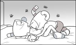 after_sex animate_inanimate bed blush bottomless brother brothers closed_eyes clothed clothing comic cum cum_drip cup cuphead cuphead_(game) dripping duo gloves hand_holding humanoid humanoid_on_humanoid incest legwear lying male male_on_top mugman object_head on_back on_bed on_top panting penis shorts sibling side_view socks toxic-boner uncolored video_games yaoi