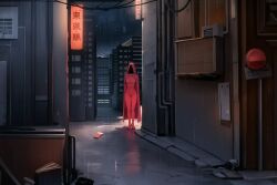 1girls asian big_breasts cape city city_background cityscape covered_face female game_cg heels hero high_heels hood hoodup hooligapps kneeling lustcase mask night raining red_clothing skinny tight_clothing v2.lustcase
