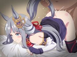 1boy animal_ears black_thighhighs blue_eyes chrono_genesis_(umamusume) clenched_teeth commentary_request crying crying_with_eyes_open cum cum_overflow doggy_style eufoniuz female fingerless_gloves gloves grey_hair highres horse_ears horse_girl horse_tail long_hair paid_reward_available parted_lips sex sex_from_behind sheet_grab straight tail tail_grab tears teeth thighhighs umamusume