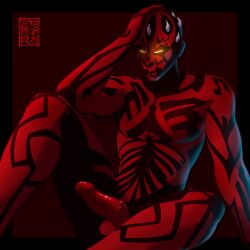1boy bald black_tattoo cock darth_maul dathomiri dathomirian dick glare glowing_eyes gold_eyes hard_on horns male male_only nightbrother penis pinup pinup_pose red_skin scowl sith sitting solo tattoo tattoos tattoos_everywhere yellow_eyes zabrak zestyskele