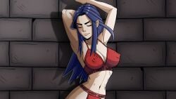 against_wall armpits arms_up blue_hair bra breasts cg cleavage closed_eyes couch covered_nipples female irelia irelia_xan large_breasts league_of_legends long_hair lust_in_runeterra midriff navel official_art panties parody pointy_ears red_bra red_panties smile solo underwear underwear_only wall