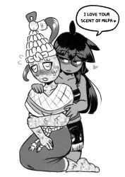 2girls ahoge aztec bare_shoulders bashful black_and_white black_hair blush citlalmina cleavage codex_black corn doodle embracing english_text face_paint hand_on_shoulder heart_symbol long_hair mayan non-canon original_characters seducing seductive_look seiza shi-gu sitting_on_floor skirt smiling tribal tube_top tubetop whispering_into_ear yuri yuri