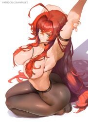 1girls araneesama armpits arms_behind_head ass blue_eyes bubble_butt hair_covering_breasts hair_over_breasts high_school_dxd huge_breasts kneeling leggings long_hair red_hair rias_gremory stockings voluptuous