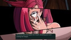 1boy after_fellatio animal_ears breasts cg cum cum_in_mouth cum_on_tongue english_text facial_mark fake_screenshot female fingernails league_of_legends long_hair lust_in_runeterra nail_polish nude official_art open_mouth oral parody pink_hair pink_nails pov red_hair red_nails solo solo_focus spread_legs straight teeth tongue tongue_out xayah