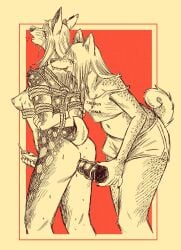 anal anal_sex anthro arms_tied_behind_back beruca_(glopossum) biped bite bodily_fluids bondage bondage bonnie_guerra bottomwear bound canid canine canis clothing constance_(glopossum) cum deer dildo dildo_in_ass dildo_insertion domestic_dog drooling duo ear_piercing erection eye_through_hair female genital_fluids genitals gynomorph hair handjob hi_res intersex mammal markings navel object_in_ass penetration penile penis piercing red_background restraints rope rope_bondage rope_harness saliva scut_tail sex sex_toy sex_toy_in_ass sex_toy_insertion shiba_inu short_tail shorts shoulder_bite simple_background smile spitz spots spotted_body standing sweat tail translucent translucent_hair