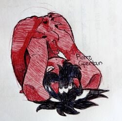anal anus ballpoint_pen_(medium) boy chibi cute demon demon_boy devil doodle exposed exposed_ass flexible incubus male male_only penis plow_pose red_body red_skin shoulder_stand succubus tmaso traditional_media_(artwork) upside-down upside-down