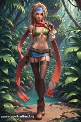 1girls ai_generated bandana belt bikini bikini_top_only blonde_hair blue_headband boots braid breasts detached_sleeves final_fantasy final_fantasy_x final_fantasy_x-2 fingerless_gloves full_body garter_straps gloves green_bikini green_eyes headband hi_res highleg highleg_bikini lips long_hair looking_at_viewer medium_breasts microskirt miniskirt navel outdoors progenarts rikku scarf skirt smile solo square_enix standing swimsuit thigh_gap thighhighs