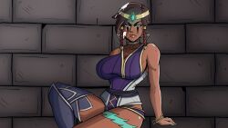 arm_support bare_shoulders blue_eyes bracelet braid breasts brown_hair cg circlet closed_mouth couch cum_on_face dark-skinned_female dark_skin earrings female green_eyes hair_ornament jewelry karma_(league_of_legends) large_breasts league_of_legends lipstick long_hair looking_at_viewer lust_in_runeterra makeup nail_polish official_art parody sideboob sitting solo sweat thighhighs thighs twin_braids