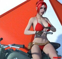 1girls 3d bikini cahunk100 claire_redfield gun handgun red_bikini red_hair resident_evil solo swimsuit weapon