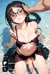 1futa ai_generated balls breasts brown_bikini brown_hair cock colored cum_in_mouth dick erection futa/female futa_only futanari glasses intersex light-skinned_futa light_skin long_hair medium_breasts nickythecreator penis red_eyes sexy sexy_body sexy_pose testicles uncensored veiny_penis water yu_mei-ren_(fate)