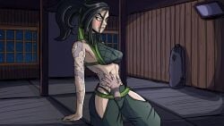 akali arm_support arm_tattoo bare_shoulders black_hair black_lips black_nails blush breasts cg crop_top female fingernails green_nails green_pants green_ribbons hair_ribbon hip_vent indoors large_breasts league_of_legends lipstick long_hair lust_in_runeterra makeup medium_breasts midriff nail_polish navel night official_art panties pants parody ponytail red_eyes rope_belt sharp_fingernails shoulder_tattoo solo stomach tattoo underwear