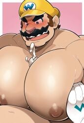 2boys ai_generated big_pecs blush bodily_fluids brown_hair cum cumshot daddy duo ejaculation faceless_male facial_hair gay gigantic_pecs gloves hands_on_pecs hat human human_only large_pecs light-skinned_male light_skin male male/male male_nipples mammal mario_(series) mature mature_male moustache nintendo nipples nude nude_male obese obese_male open_mouth overweight overweight_male pecjob pecs penis_between_pecs squeezing_pecs sweat sweatdrop thick_pecs unseen_male_face wario white_gloves yaoi yellow_hat