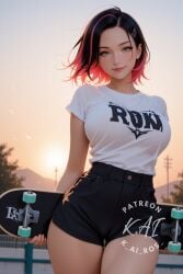 1girls ai_generated animestyle big_breasts blonde_hair breasts character_request copyright_request curvy curvy_figure digitalart female female_only green_eyes k_ai_ros_ light-skinned_female light_skin looking_at_viewer pants solo