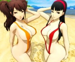 amagi_yukiko atlus big_breasts big_butt breasts htr18 kujikawa_rise persona persona_4 sling_bikini slingshot_swimsuit tagme tattoo