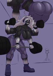 1female 1girls 4 4_arms ass ass_focus ass_shot big_ass big_thighs black_body breast_freckles breasts buff commission female female_only gym monster monster_girl muscular muscular_female no_nose no_visible_genitalia rahkasa_(darkcoconutx) sharp_teeth six_pack stickman sweat sweaty_breasts tomboy weightlifting weights white_eyes white_hair workout workout_clothes
