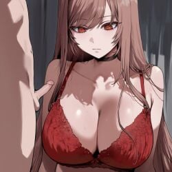 1boy 1girls ai_generated big_breasts breasts brown_hair disappointed female female_focus goddess_of_victory:_nikke huge_breasts large_breasts light-skinned_female lingerie long_hair rapi_(nikke) red_eyes red_lingerie small_penis thick_thighs thighs