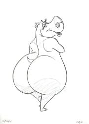 artist_request concept_art dreamworks gloria_the_hippopotamus huge_ass looking_at_viewer madagascar_(series) monochrome official_art tagme