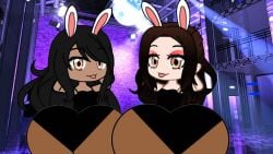 2girls big_ass black_hair brown_hair brown_skin bunny_ears bunnysuit club dance_floor disco_ball eyebrows eyelashes gacha gacha_heat gacha_life hands_behind_head long_hair party rosewalker848 tounge_out white_skin
