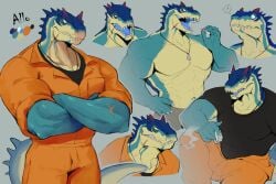 1boy allosaurid allosaurus anthro bara barazoku big_pecs character_sheet dinosaur furry gay k0bit0wani male/male muscular muscular_male pecs pectorals prison_uniform prisoner reptile scalie solo tagme theropod yaoi