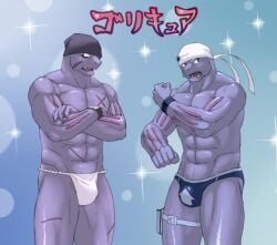 2boys abs bulge crossed_arms fundoshi multiple_boys muscle open_mouth sparkle wristband